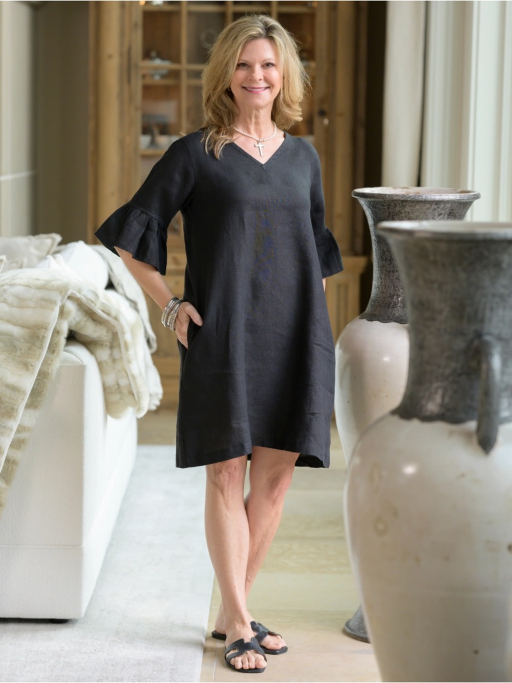 Crown Linen Designs Dress Sz M Bethany Black Shift Ruffle Sleeve Pockets Beach